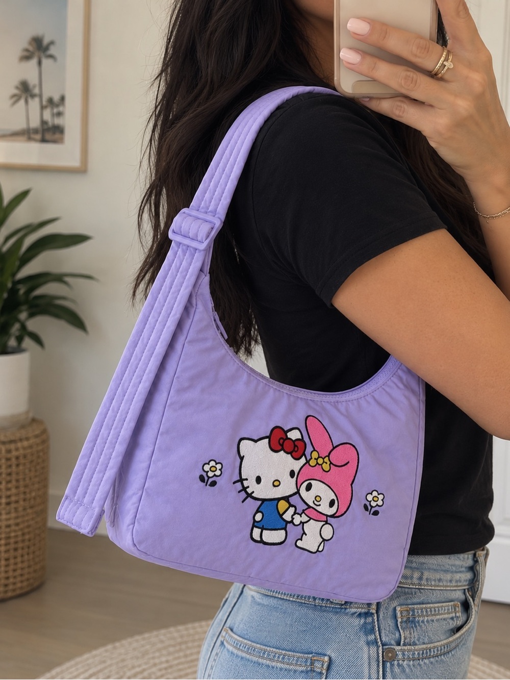 New! BAGGU / MINI NYLON SHOULDER BAG in EMBROIDERED HELLO KITTY & MY MELODY NWT
